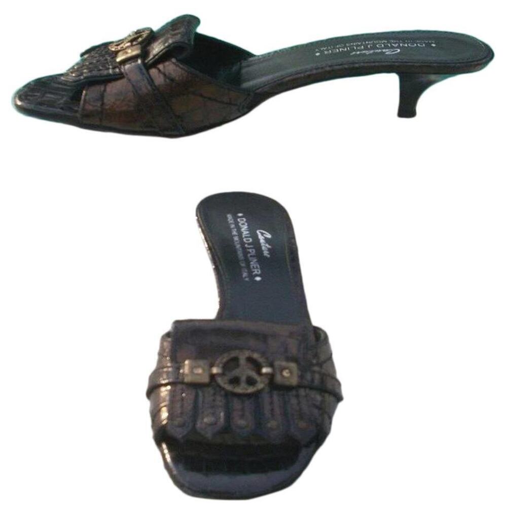 Donald Pliner Black Metallic Patent Gator Leather Slide Shoe Peace $295 NIB Sz 6